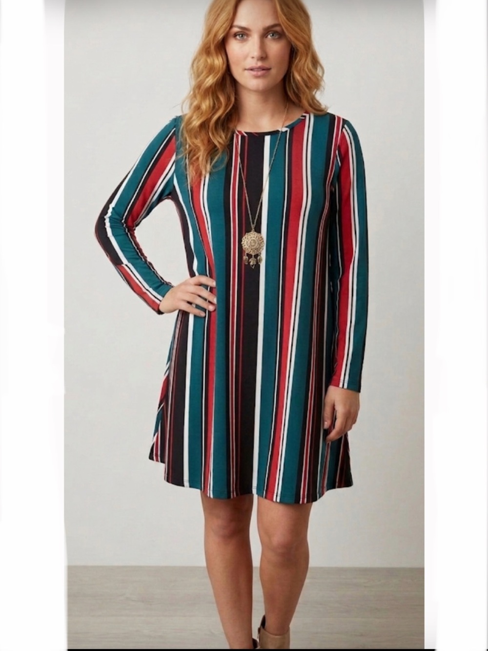 NWT Technicolor Striped Tunic Tent Dress 70s Glam
Size L And Necklace